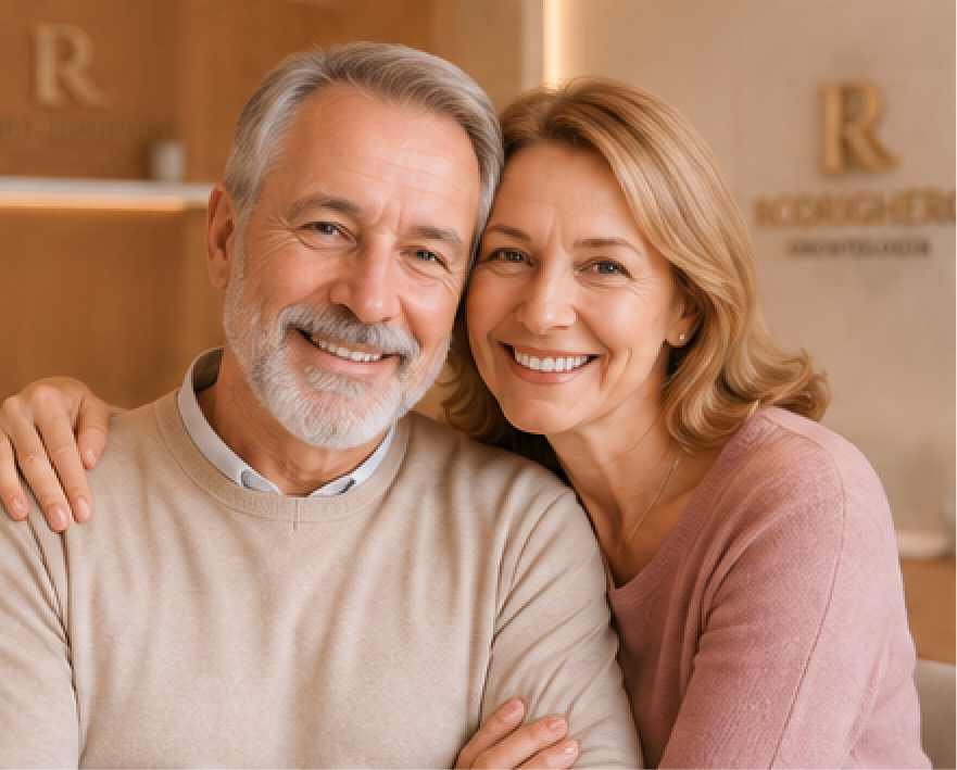 Casal sorrindo após reabilitação com implantes dentários