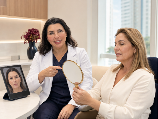 Dra. Elaine realizando avaliação para harmonização orofacial