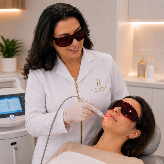 Dra. Elaine Rodrighero realizando tratamento de fotobiomodulação com laser terapêutico em paciente utilizando óculos de proteção na Rodrighero Odontologia.