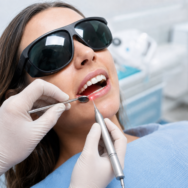Paciente com óculos de proteção durante aplicação de laserterapia odontológica de baixa potência.