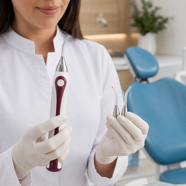 Equipamento de laser terapêutico emitindo luz vermelha e infravermelha durante tratamento odontológico na Rodrighero Odontologia.