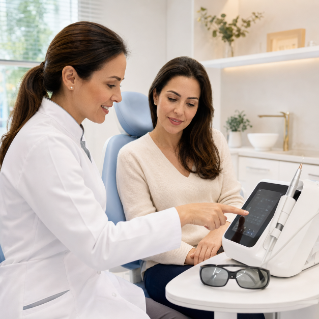 Dentista realizando protocolo individualizado de laserterapia conforme a necessidade clínica do paciente na Rodrighero Odontologia.