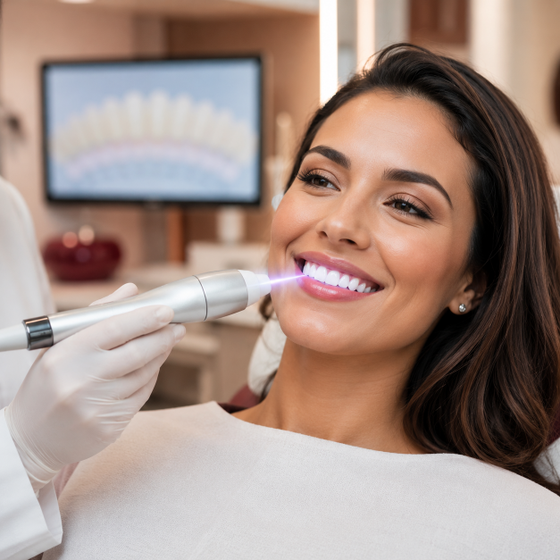 Paciente sorrindo após clareamento dentário a laser realizado na Rodrighero Odontologia, evidenciando dentes mais claros, tecnologia e estética avançada.