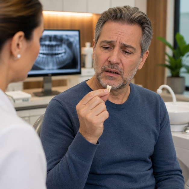 Paciente segurando cuidadosamente um dente com mobilidade durante avaliação odontológica em consultório moderno.