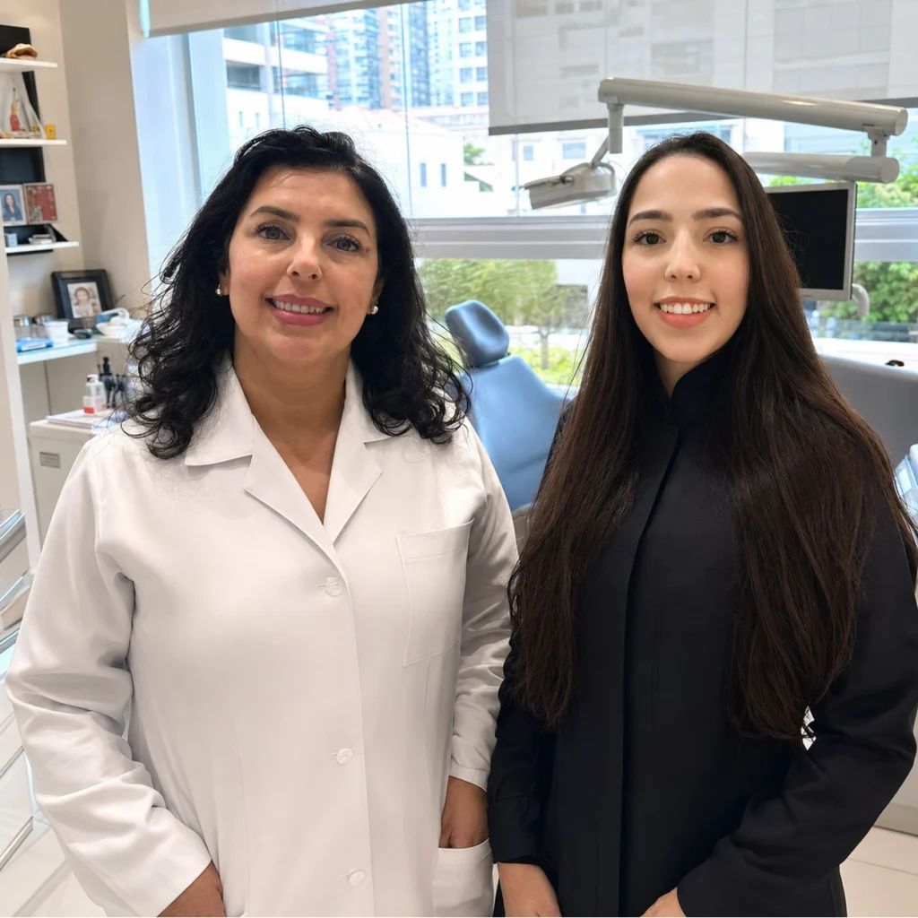 Dra. Elaine Rodrighero e Dra. Milena Rodrighero Homem no consultório da Rodrighero Odontologia em Perdizes