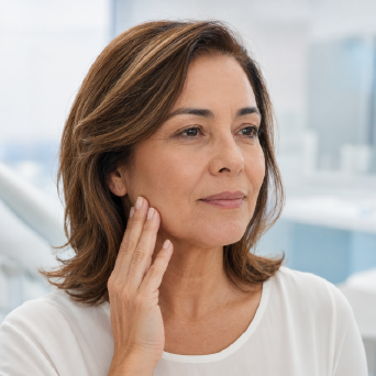 Mulher adulta com sinais naturais de flacidez leve nas bochechas e no contorno facial