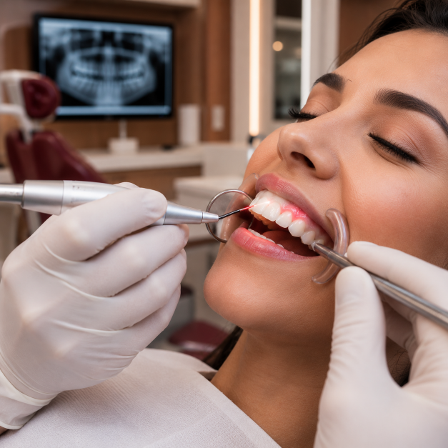 Procedimento de gengivectomia e gengivoplastia com laser realizado na Rodrighero Odontologia, demonstrando alta precisão, conforto e tecnologia para o contorno gengival.