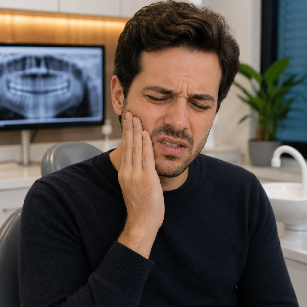 Homem de aproximadamente 30 anos segurando o rosto devido à dor de dente durante consulta em uma clínica odontológica moderna.