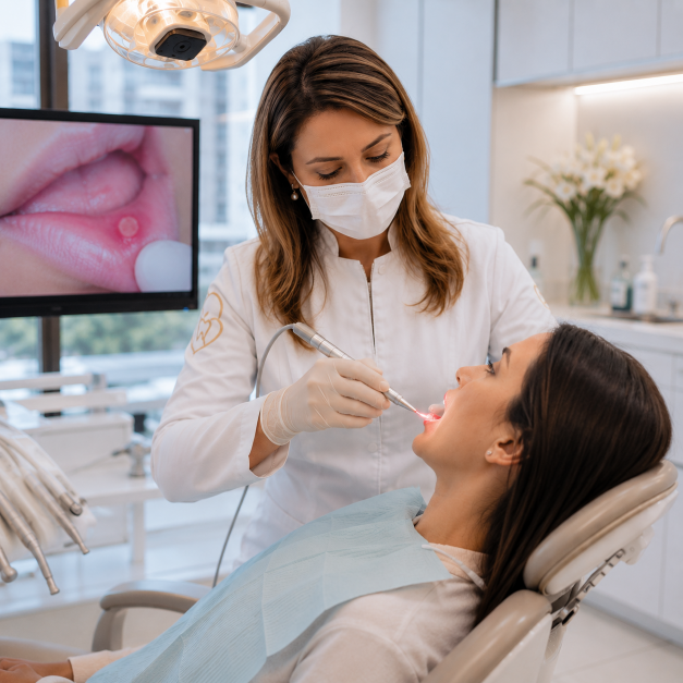 Dentista realizando laserterapia para tratamento de aftas e lesões bucais em paciente em consultório odontológico moderno.