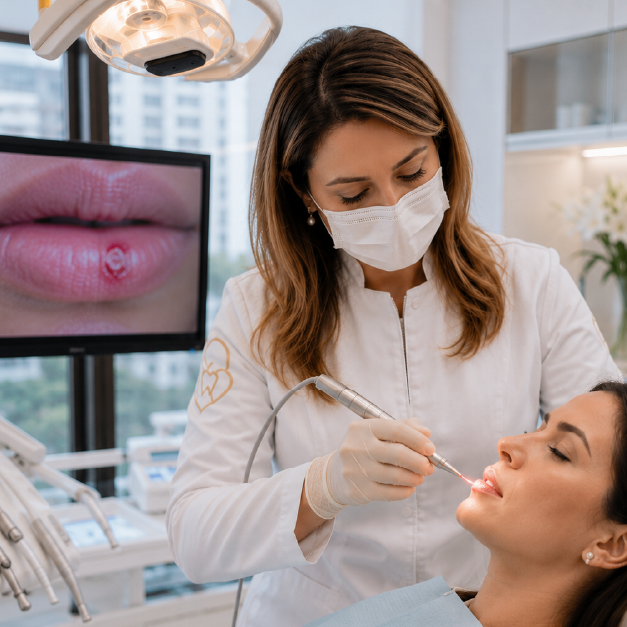 Aplicação de laserterapia para tratamento de herpes labial realizada em consultório odontológico moderno.