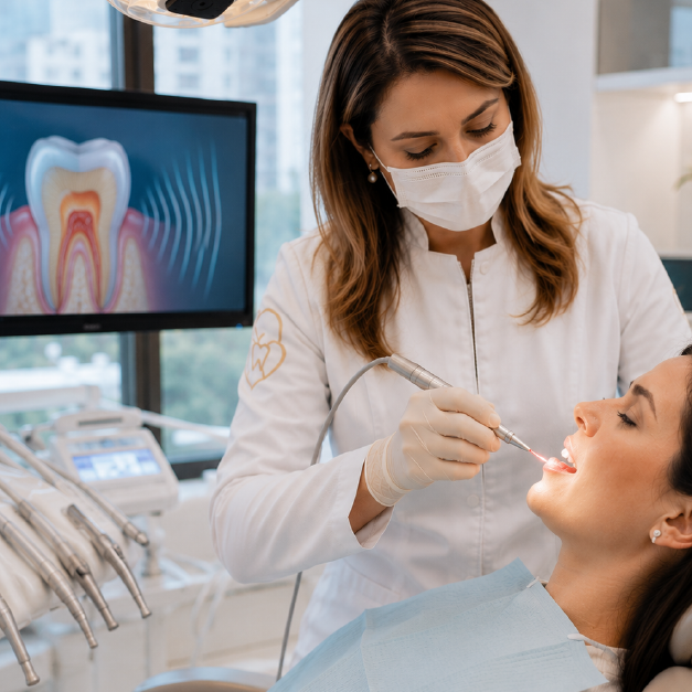 Dentista utilizando laserterapia para tratamento da hipersensibilidade dentária em consultório odontológico.