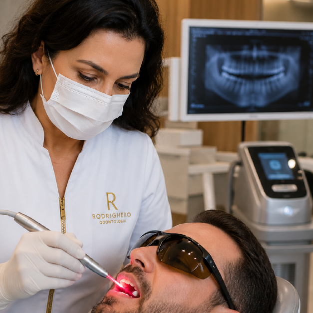Dentista realizando laserterapia após implante dentário para acelerar a cicatrização e reduzir a inflamação na Rodrighero Odontologia.