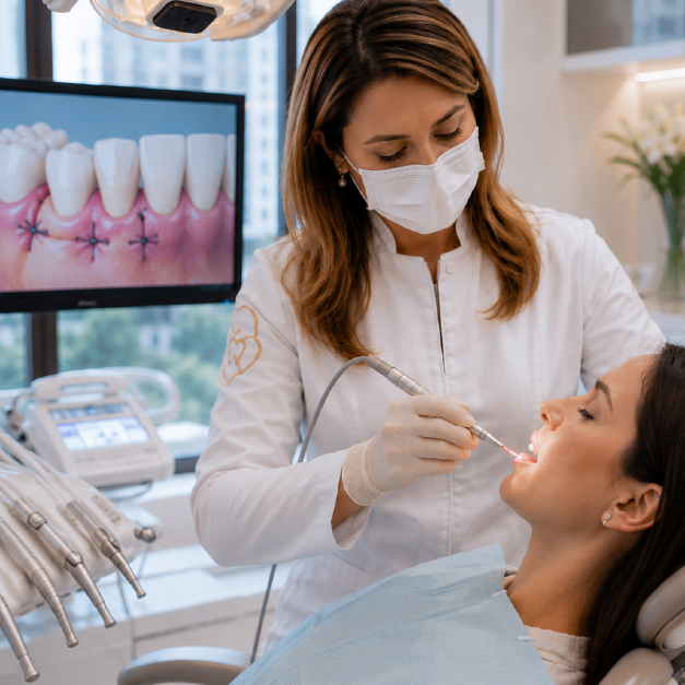 Dentista realizando laserterapia durante o pós-operatório de cirurgia odontológica para acelerar a cicatrização.