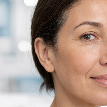 Close-up de mulher adulta com textura natural da pele e linhas finas na região dos olhos e bochechas