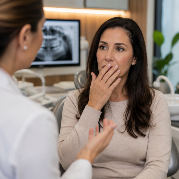 Paciente cobrindo parcialmente a boca enquanto conversa devido às alterações na fala provocadas pela ausência de dentes.