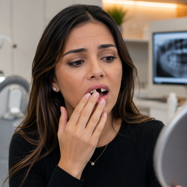 Paciente evitando sorrir por causa da perda de dentes durante consulta odontológica em clínica moderna.