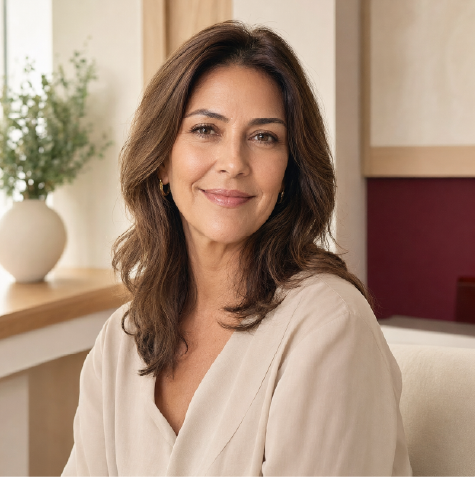 Mulher adulta com aparência natural e expressão confiante
