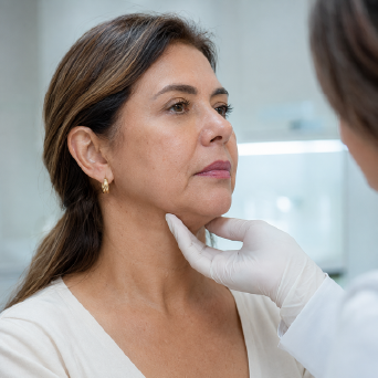 Profissional avaliando o contorno mandibular de uma mulher adulta