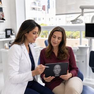 Profissional e paciente analisando o planejamento individualizado do preenchimento facial