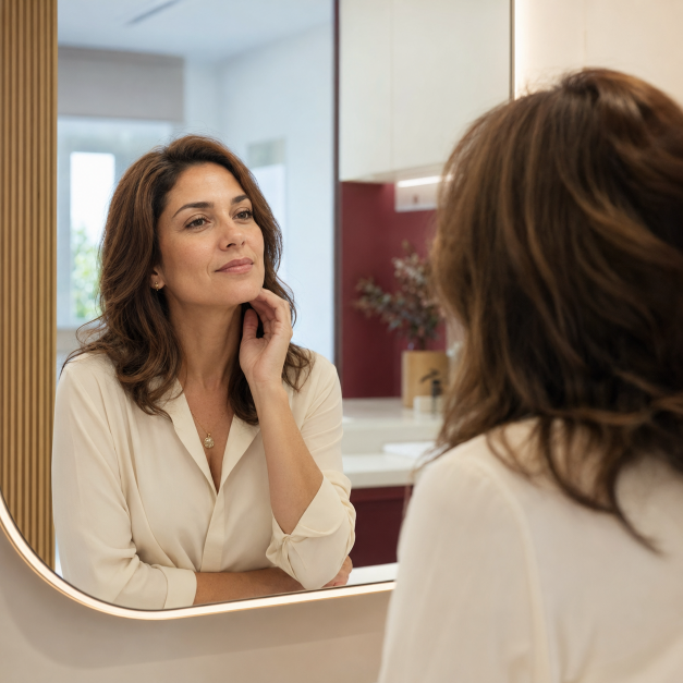 Mulher adulta observando o próprio rosto no espelho em uma clínica de estética facial