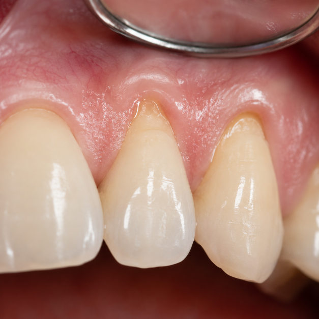 Macro da gengiva mostrando recessão gengival e exposição da raiz do dente, condição que pode indicar necessidade de avaliação para implantes dentários.
