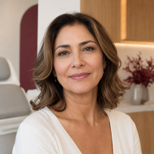 Retrato de mulher adulta representando a reposição equilibrada de volume facial