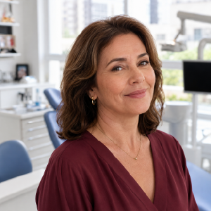 Mulher adulta com traços naturais representando o respeito às proporções faciais