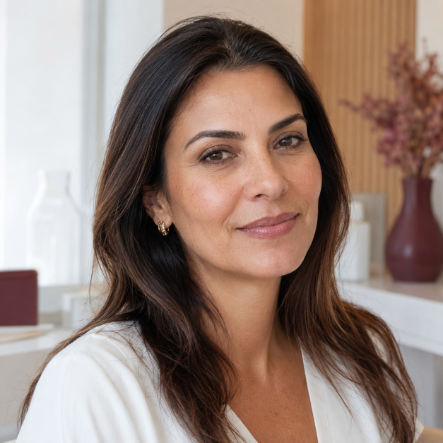 Mulher adulta com expressão natural representando a suavização de sulcos faciais