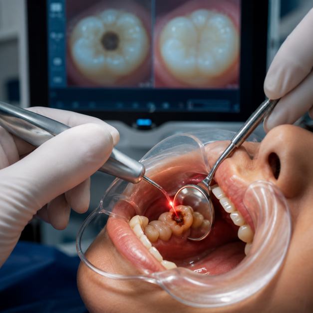 Tratamento de cáries com laser de alta precisão na Rodrighero Odontologia, preservando a estrutura dentária saudável e proporcionando maior conforto ao paciente.