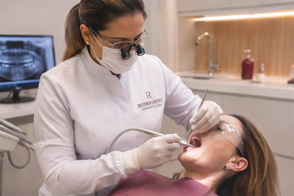 Dentista realizando tratamento periodontal em paciente no consultório