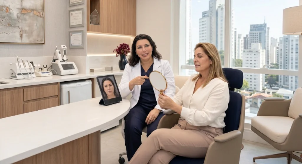 Dra. Elaine durante avaliação de Peeling com paciente acompanhando os resultados no espelho.
