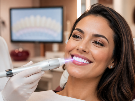 Paciente sorrindo após clareamento dentário a laser realizado na Rodrighero Odontologia, evidenciando dentes mais claros, tecnologia e estética avançada.
