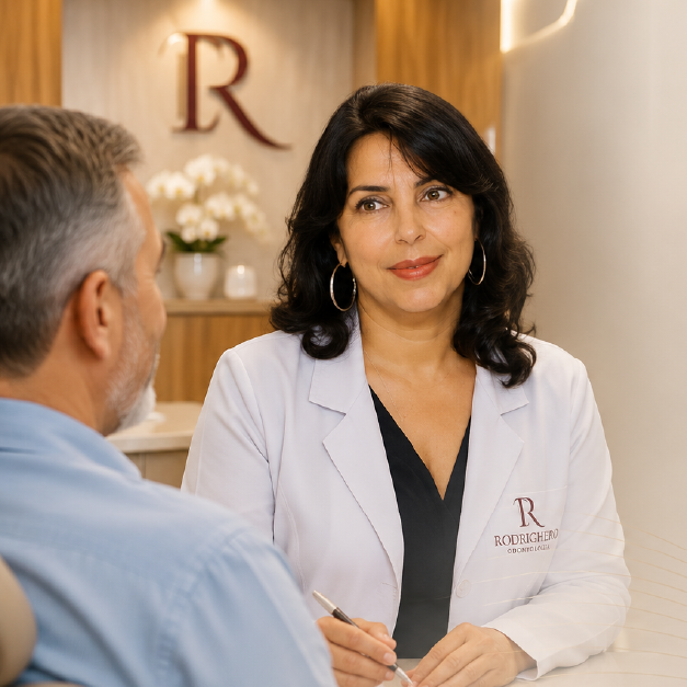 Dra. Elaine Rodrighero conversando com paciente durante avaliação para implantes dentários em consultório moderno da Rodrighero Odontologia, em Perdizes, São Paulo.