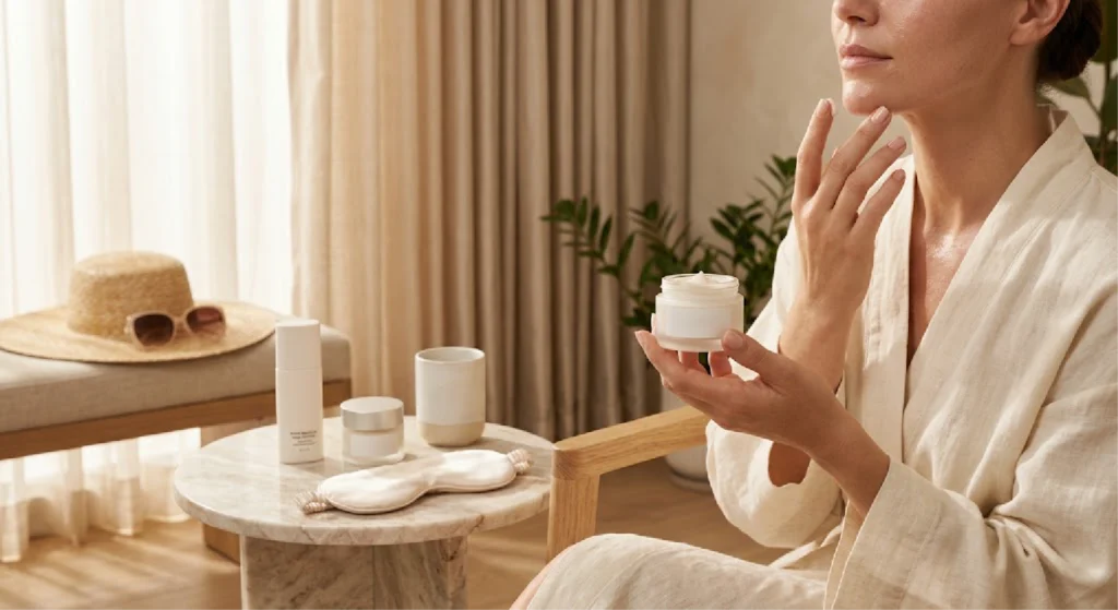 Mulher com pele renovada e hidratada, aplicando creme facial premium em um ambiente luxuoso e protegido do sol, representando os cuidados essenciais pós-peeling.