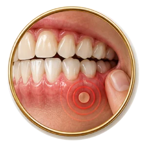 Ilustração de desconforto ao mastigar associado a alterações periodontais