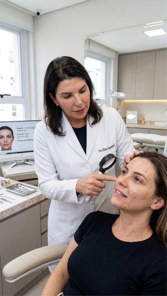 Dra. Elaine Rodrighero utilizando uma lupa para analisar a pele do rosto de uma paciente durante avaliação para procedimento de peeling facial na clínica.