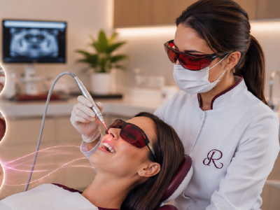 Dentista realizando tratamento com laser odontológico em paciente utilizando óculos de proteção em consultório moderno.