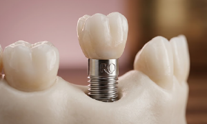 Implante dentário premium em titânio com coroa de porcelana instalada no osso maxilar, destacando resultado estético e natural.