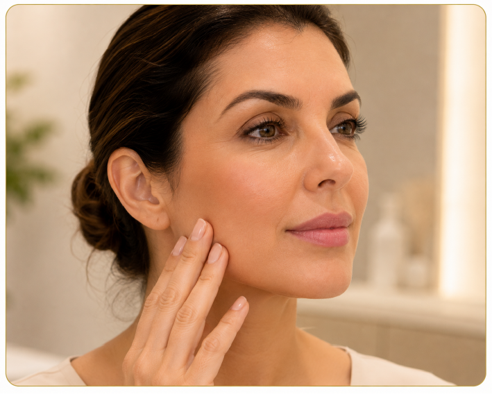 Mulher tocando suavemente o contorno facial, representando áreas relacionadas a volume e suporte da face