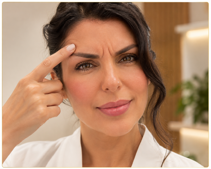 Mulher realizando expressão facial que evidencia a atividade muscular e linhas de expressão na região da testa