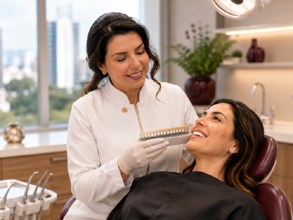 Dra. Elaine Rodrighero avaliando a tonalidade dos dentes para clareamento dental em Perdizes