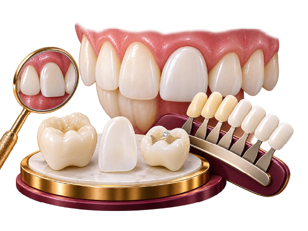 Ilustração sobre clareamento dental em dentes naturais, restaurações, coroas e facetas