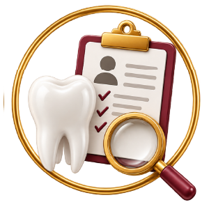 Dente com ficha clínica e lupa representando a reavaliação profissional após o clareamento dental