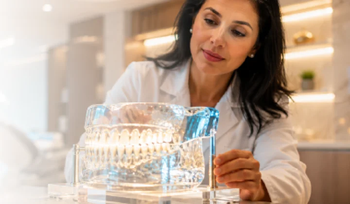 Dra. Elaine Rodrighero analisando um modelo digital de dentes em consultório odontológico moderno durante atendimento e planejamento de tratamentos.
