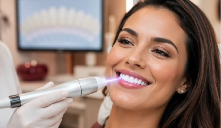 Paciente sorrindo após clareamento dentário a laser realizado na Rodrighero Odontologia, evidenciando dentes mais claros, tecnologia e estética avançada.