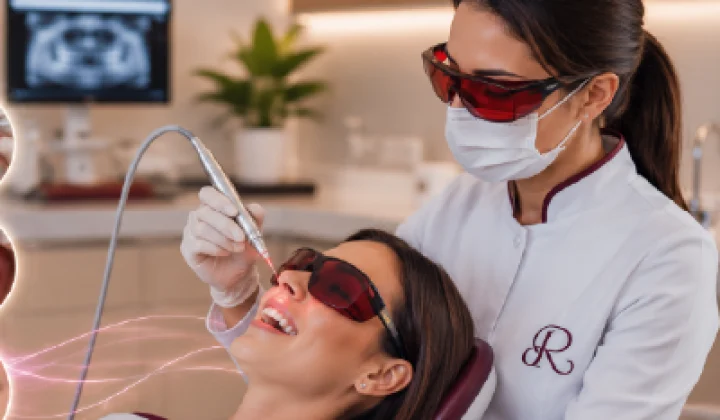Dentista realizando tratamento com laser odontológico em paciente utilizando óculos de proteção em consultório moderno.